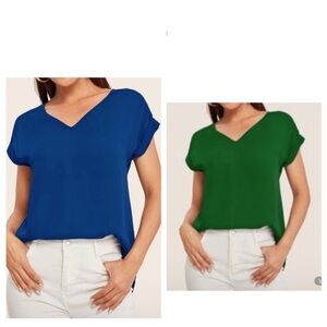 SHEIN V-Neck Blouses - Blue and Green
